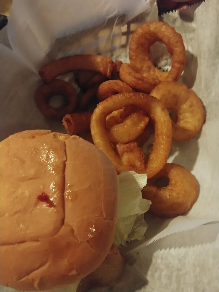 Bacon Cheese Burger and Onion Rings